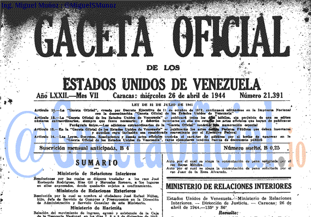 Gaceta Oficial 21391 del 26 Abril 1944