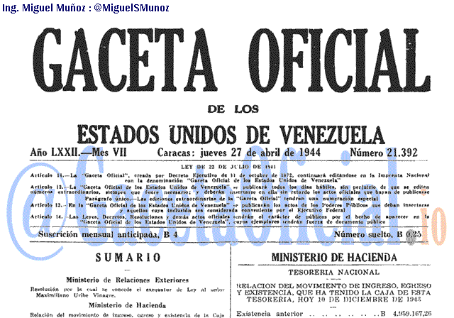 Gaceta Oficial 21392 del 27 Abril 1944