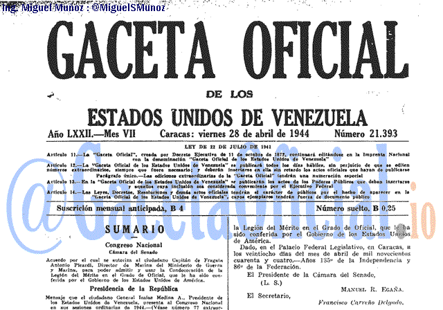 Gaceta Oficial 21393 del 28 Abril 1944