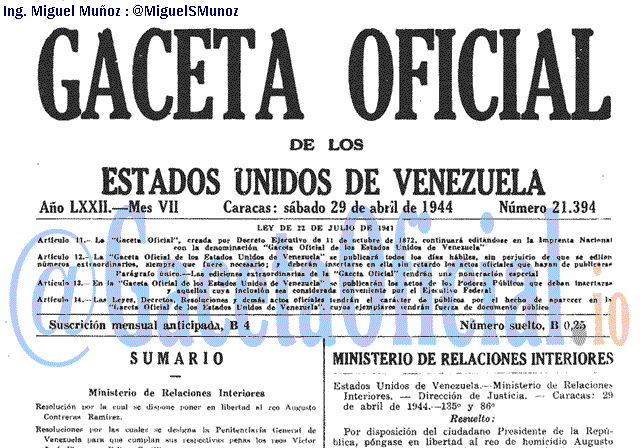 Gaceta Oficial 21394 del 29 Abril 1944