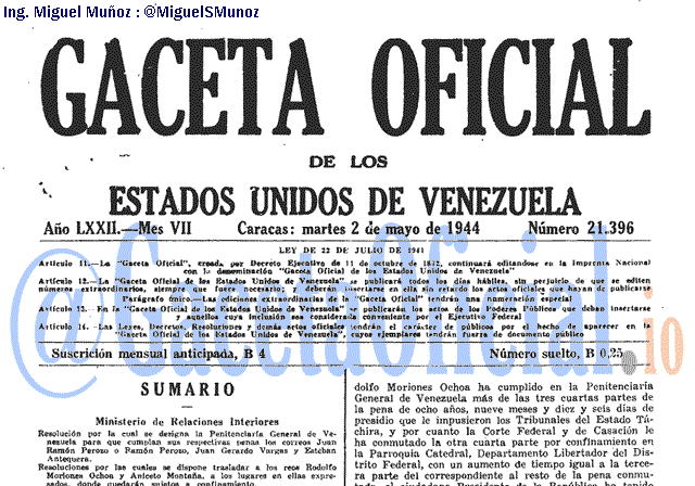 Gaceta Oficial 21396 del 2 Mayo 1944