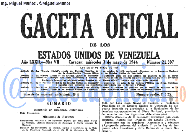 Gaceta Oficial 21397 del 3 Mayo 1944