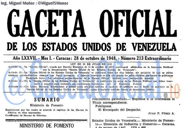 Gaceta Oficial 213 del 28 Octubre 1948