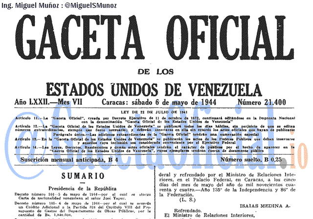 Gaceta Oficial 21400 del 6 Mayo 1944