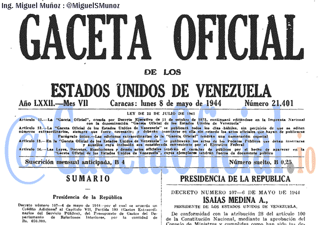Gaceta Oficial 21401 del 8 Mayo 1944