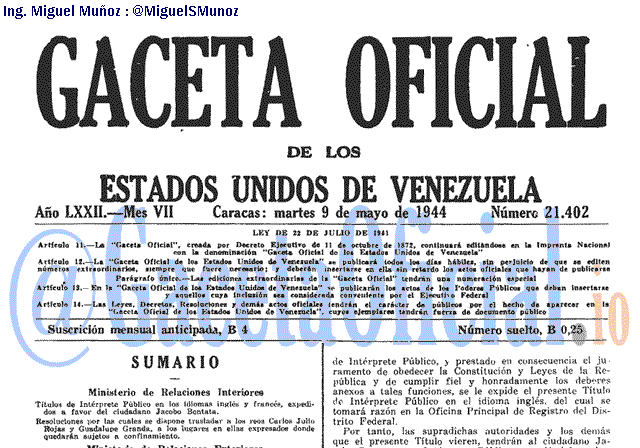 Gaceta Oficial 21402 del 9 Mayo 1944