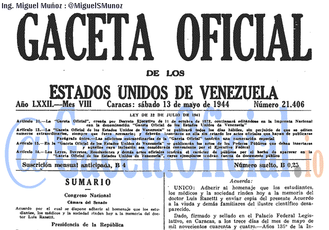 Gaceta Oficial 21406 del 13 Mayo 1944