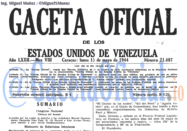 Gaceta Oficial 21407 del 15 Mayo 1944