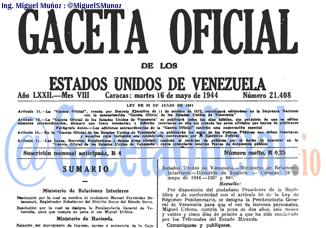 Gaceta Oficial 21408 del 16 Mayo 1944