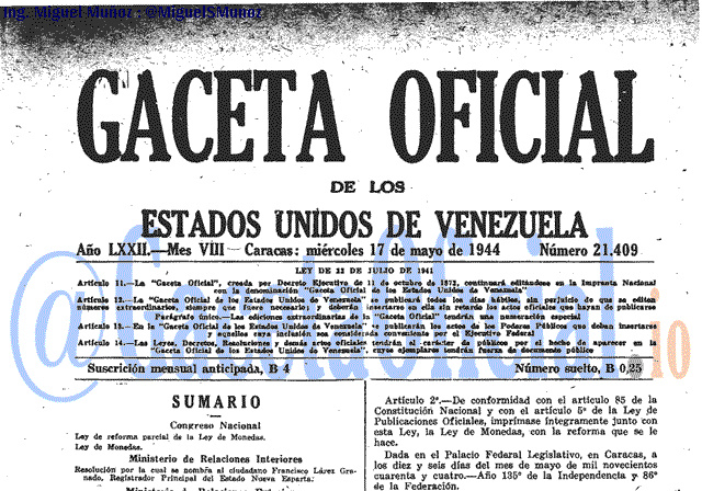 Gaceta Oficial 21409 del 17 Mayo 1944