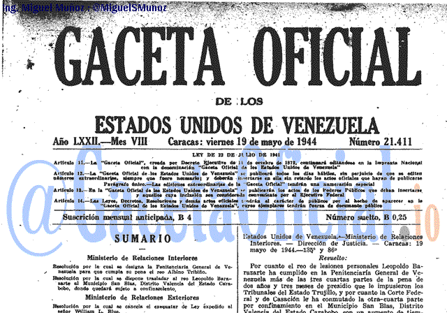 Gaceta Oficial 21411 del 19 Mayo 1944