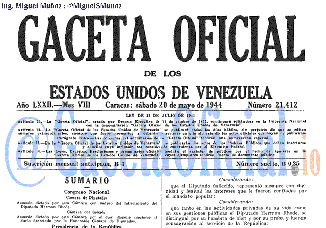 Gaceta Oficial 21412 del 20 Mayo 1944