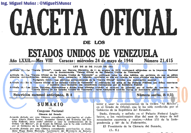Gaceta Oficial 21415 del 24 Mayo 1944