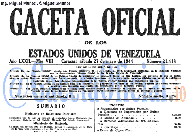 Gaceta Oficial 21418 del 27 Mayo 1944