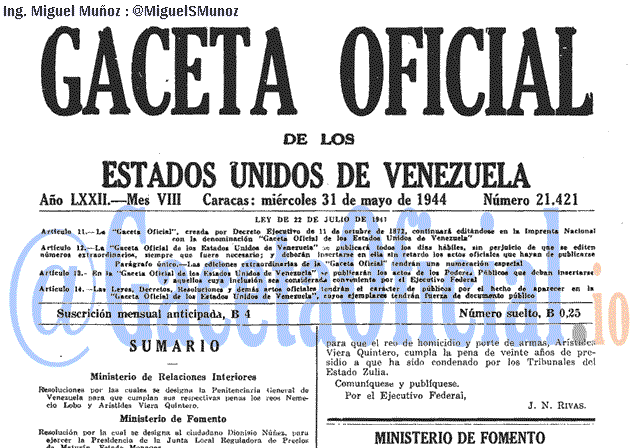Gaceta Oficial 21421 del 31 Mayo 1944