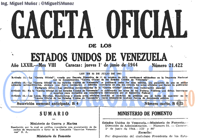 Gaceta Oficial 21422 del 1 Junio 1944