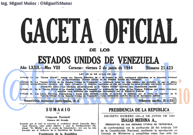 Gaceta Oficial 21423 del 2 Junio 1944