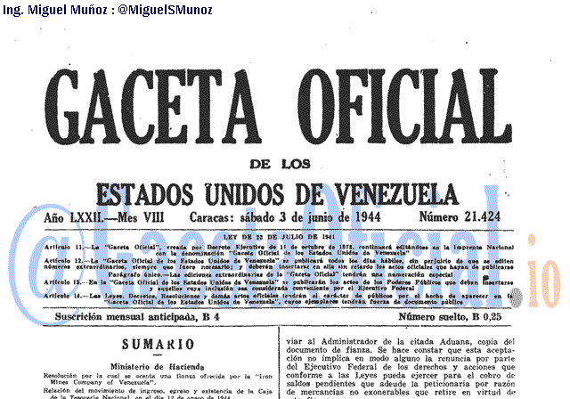 Gaceta Oficial 21424 del 3 Junio 1944