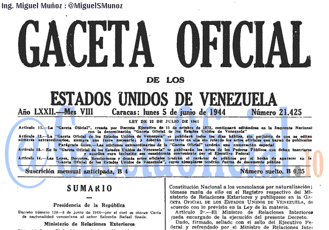 Gaceta Oficial 21425 del 5 Junio 1944