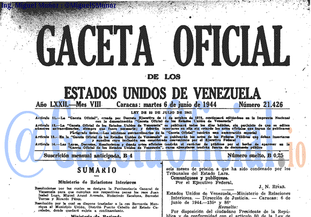 Gaceta Oficial 21426 del 6 Junio 1944