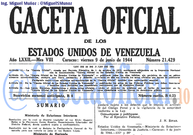 Gaceta Oficial 21429 del 9 Junio 1944