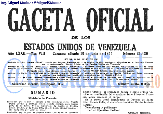 Gaceta Oficial 21430 del 10 Junio 1944