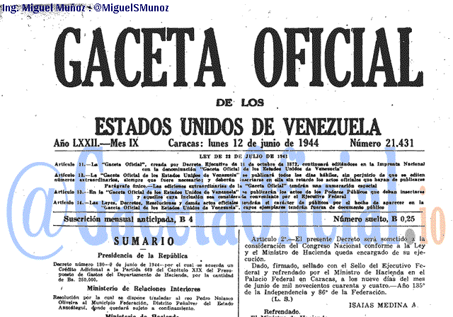 Gaceta Oficial 21431 del 12 Junio 1944