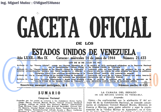 Gaceta Oficial 21433 del 14 Junio 1944