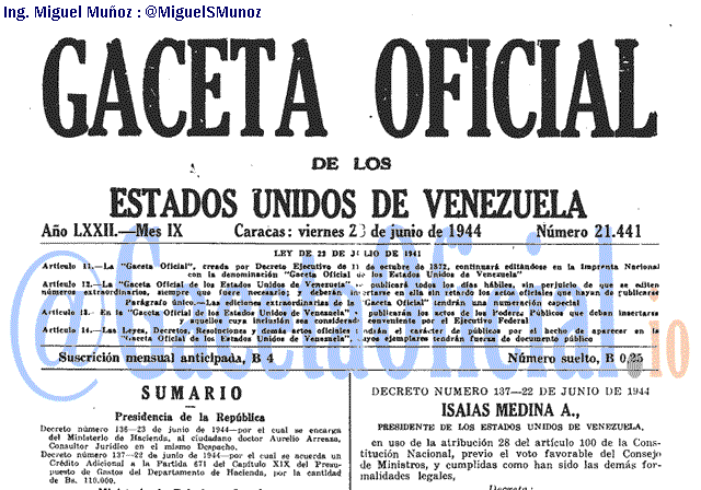 Gaceta Oficial 21441 del 23 Junio 1944