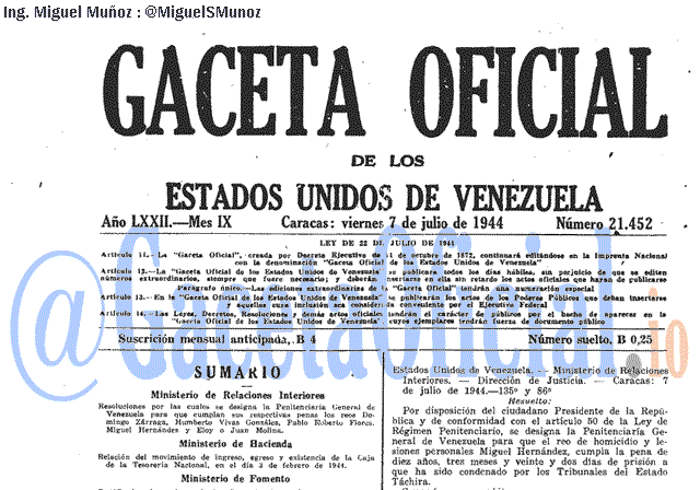 Gaceta Oficial 21452 del 7 Julio 1944