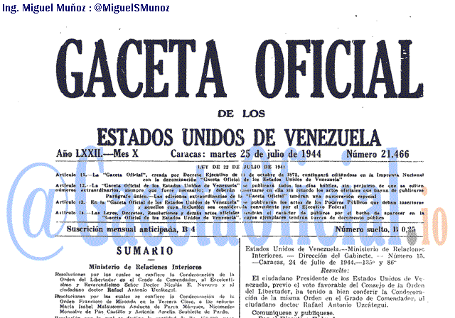 Gaceta Oficial 21466 del 25 Julio 1944