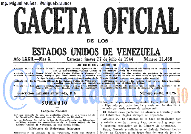 Gaceta Oficial 21468 del 27 Julio 1944