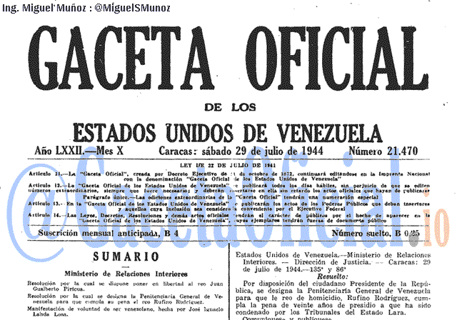 Gaceta Oficial 21470 del 29 Julio 1944