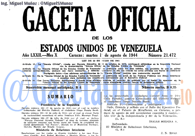 Gaceta Oficial 21472 del 1 Agosto 1944