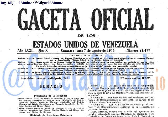 Gaceta Oficial 21477 del 7 Agosto 1944