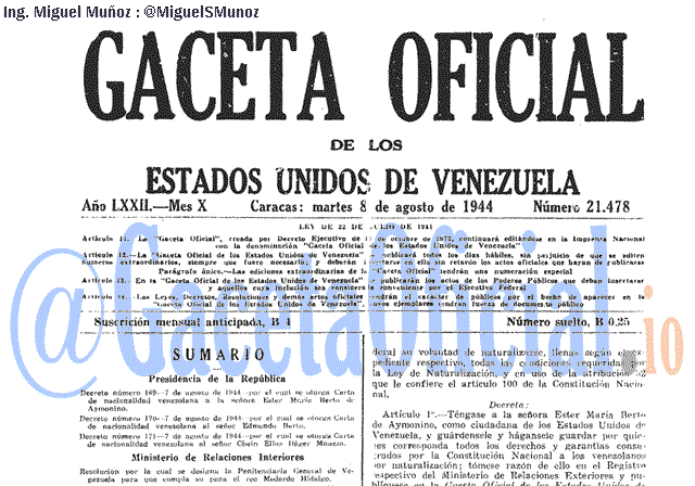 Gaceta Oficial 21478 del 8 Agosto 1944