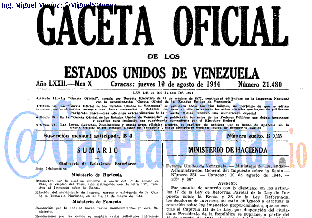 Gaceta Oficial 21480 del 10 Agosto 1944