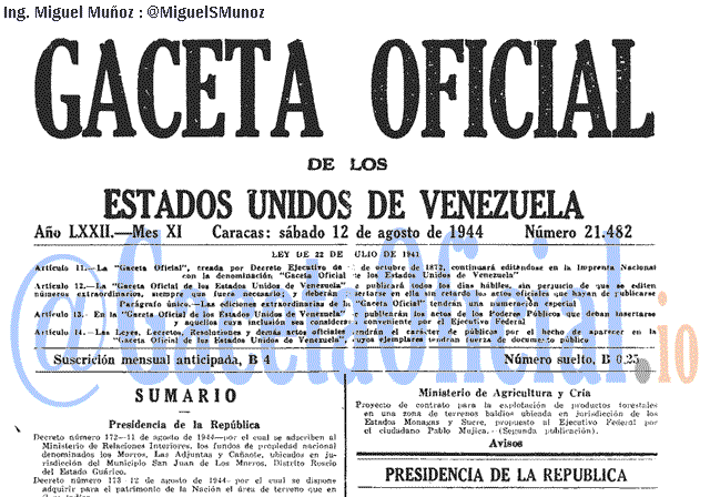 Gaceta Oficial 21482 del 12 Agosto 1944