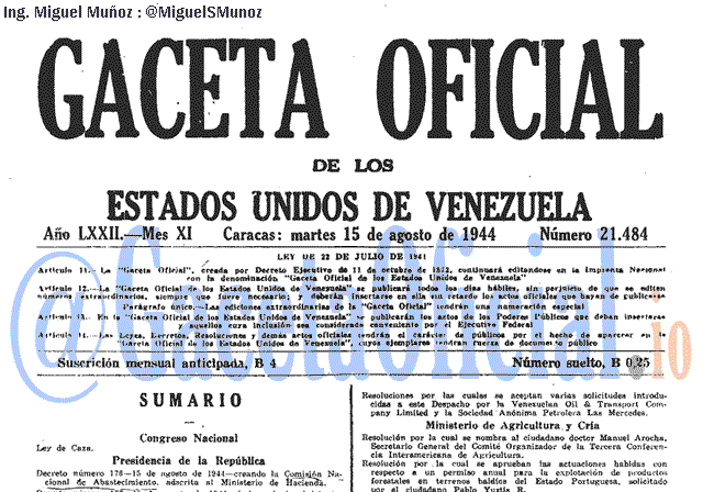 Gaceta Oficial 21484 del 15 Agosto 1944