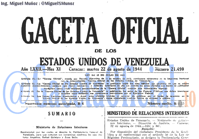 Gaceta Oficial 21490 del 22 Agosto 1944