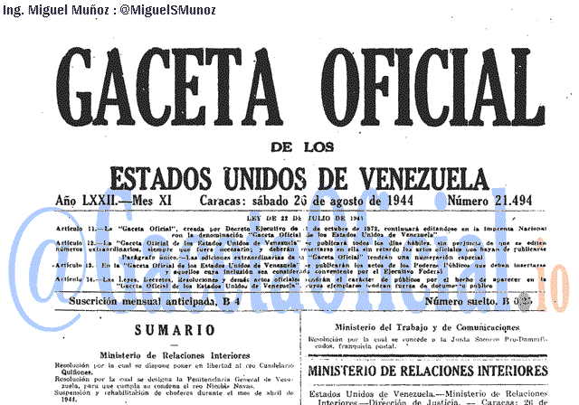 Gaceta Oficial 21494 del 26 Agosto 1944