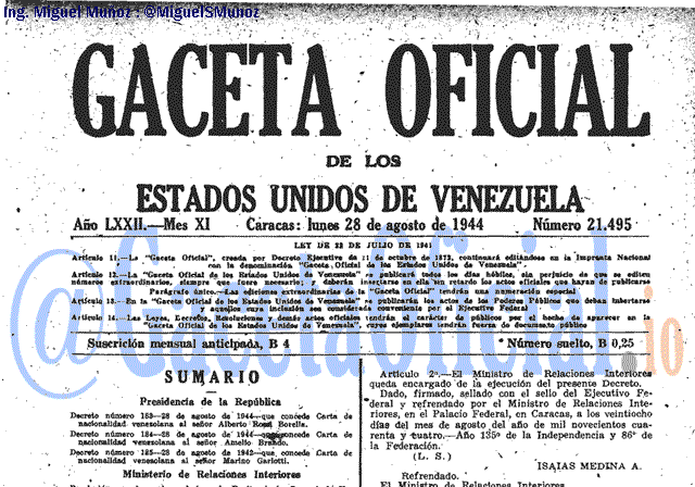 Gaceta Oficial 21495 del 28 Agosto 1944