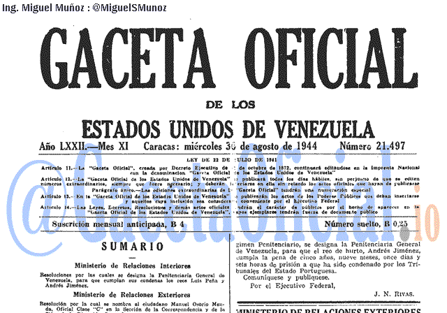Gaceta Oficial 21497 del 30 Agosto 1944