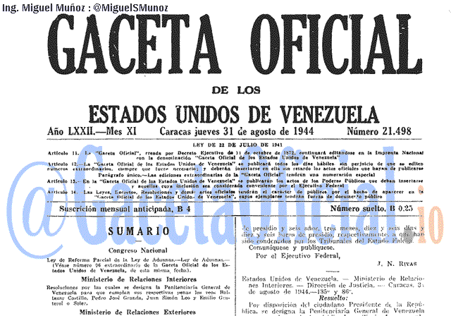 Gaceta Oficial 21498 del 31 Agosto 1944
