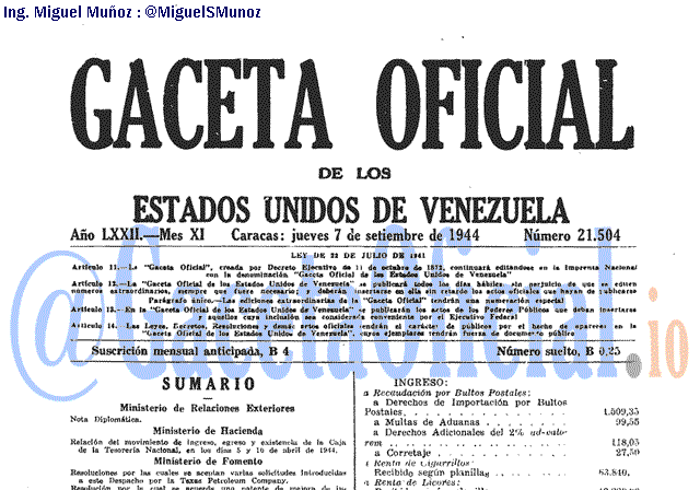 Gaceta Oficial 21504 del 7 Septiembre 1944