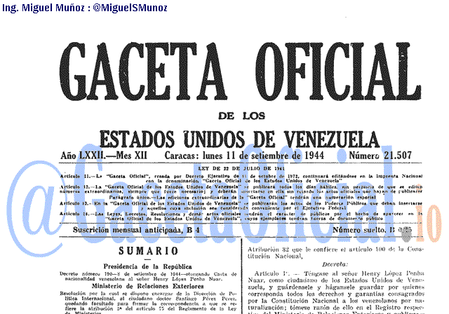 Gaceta Oficial 21507 del 11 Septiembre 1944
