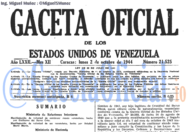 Gaceta Oficial 21525 del 2 Octubre 1944