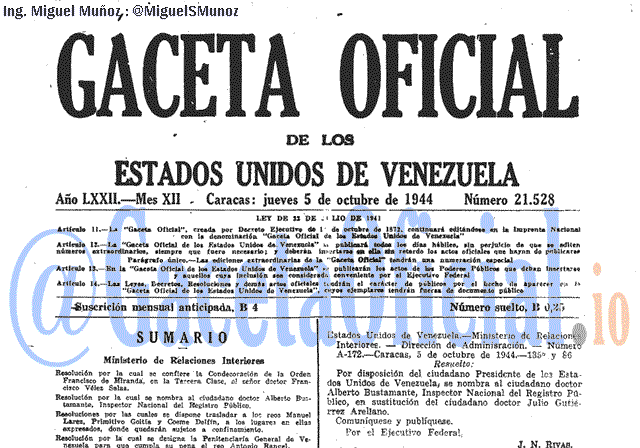 Gaceta Oficial 21528 del 5 Octubre 1944