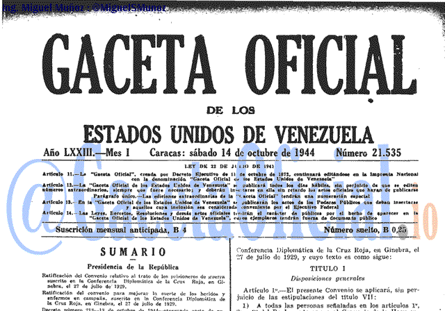 Gaceta Oficial 21535 del 14 Octubre 1944