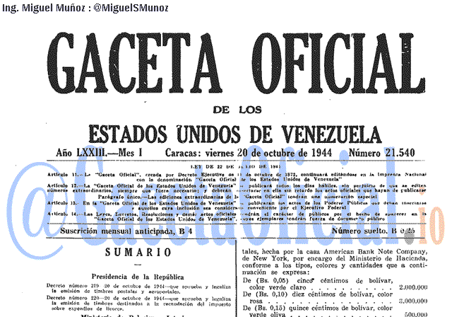 Gaceta Oficial 21540 del 20 Octubre 1944